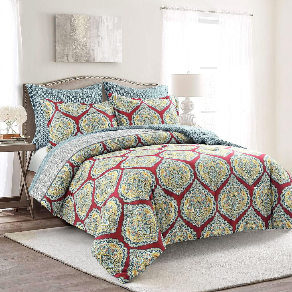 Lush Decor Harley Reversible Comforter King Size 5 Piece Set Red - Boho Bedding Set King Comforter - Red Comforters - Boho Bedroom Decor