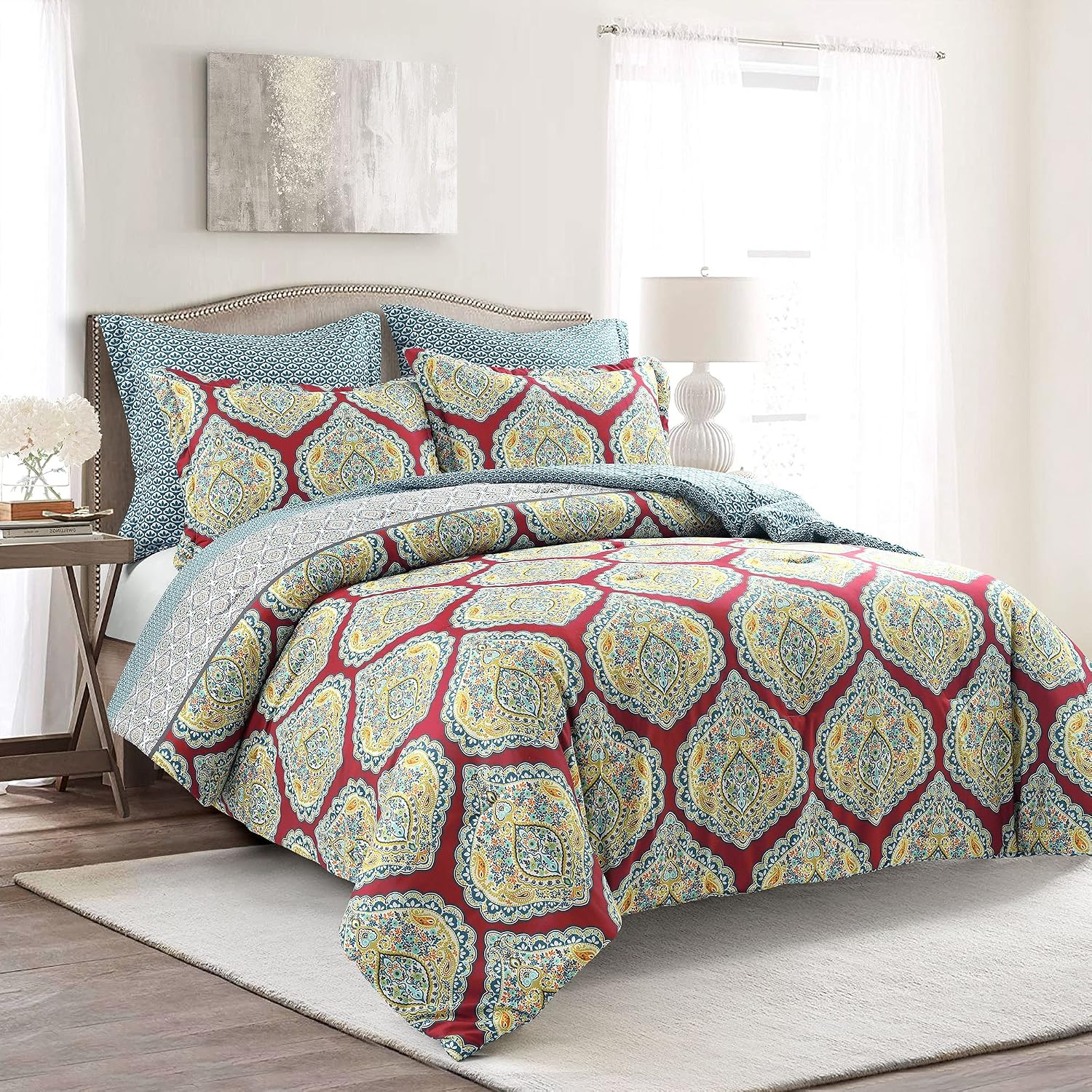 Lush Decor Harley Reversible Comforter King Size 5 Piece Set Red - Boho Bedding Set King Comforter - Red Comforters - Boho Bedroom Decor