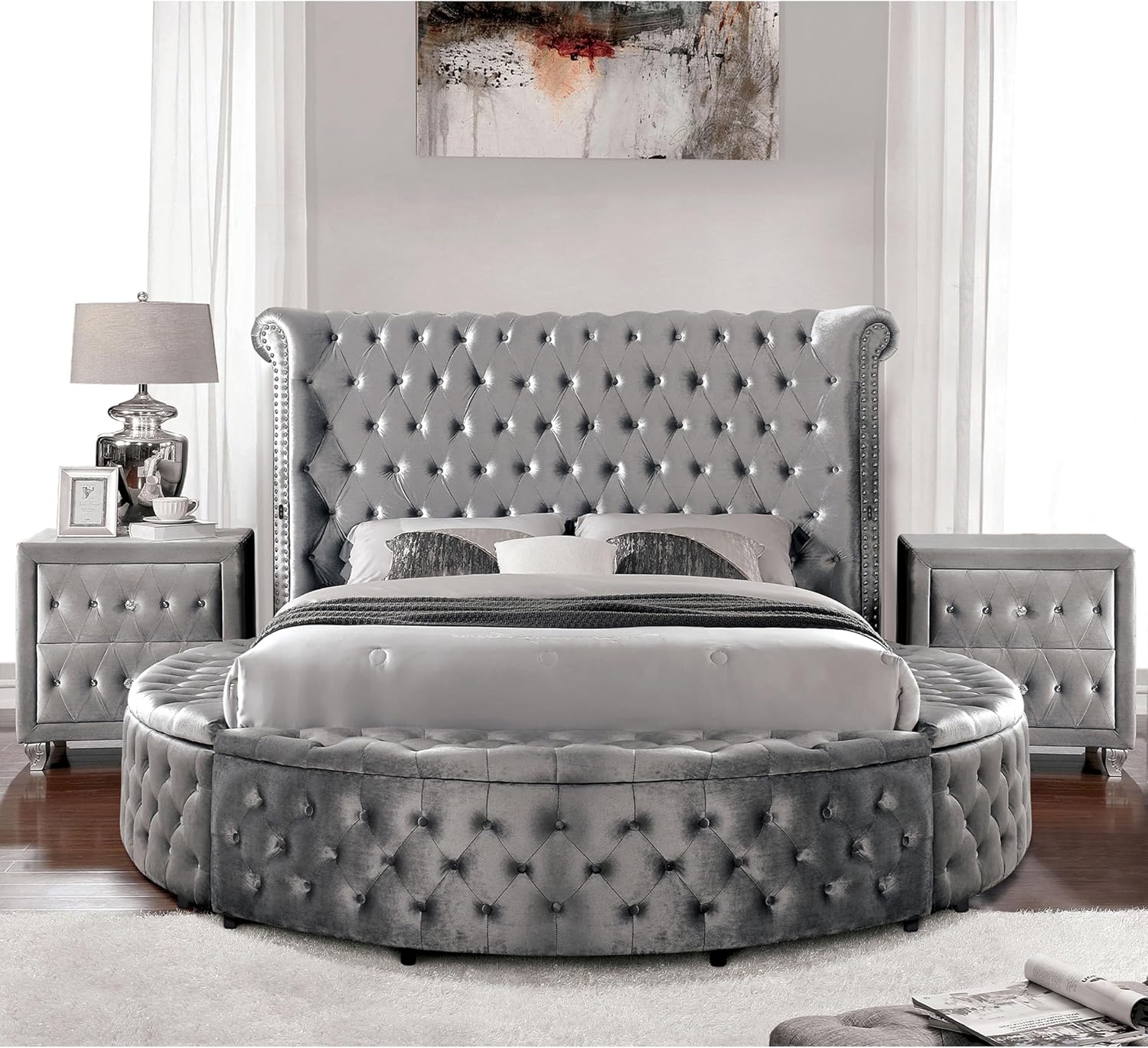 Furniture of America Rhodo Fabric Upholstered 3-Piece Bedroom Set, King Size Platform Bed and 2-Drawer Nightstands with USB Port, Button Tufted Headboard, No Box Spring Required, Gray