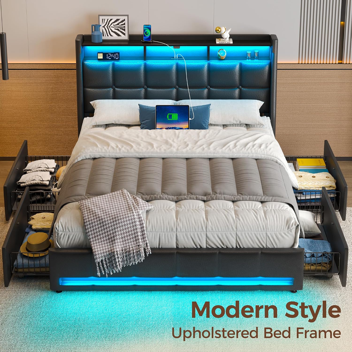 Rolanstar Full Size Bed Frame with LED Lights and Charging Station, PU Leather Bed Storage Headboard & Drawers, Heavy Duty Wood Slats, Easy Assembly, Black