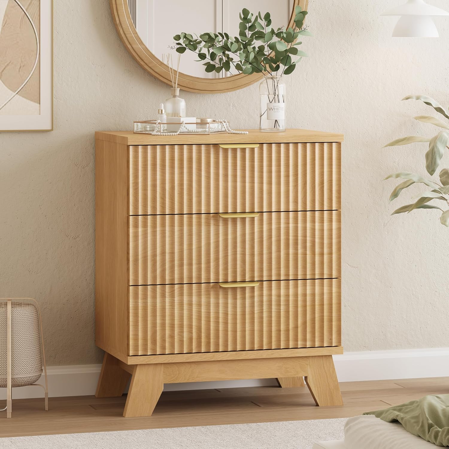 Fluted Dresser for Bedroom with 3 Drawers, 24' Wide Modern Chest of Drawers with Metal Handle, Wooden Dresser TV Stand, Wood Closet Clothes Storage Organizer for Living Room, Hallway, Natural Oak