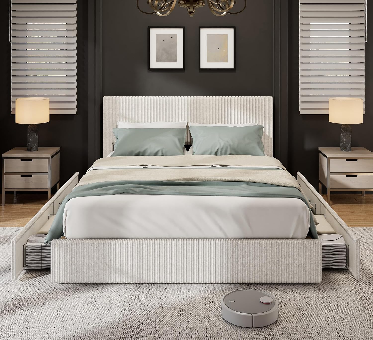 IDEALHOUSE Full Size Bed Frame with Tufted Wingback Headboard, Platform Corduroy Upholstered Bed Frame with 4 Storage Drawers and Wooden Slats Support, No Box Spring Needed, Beige