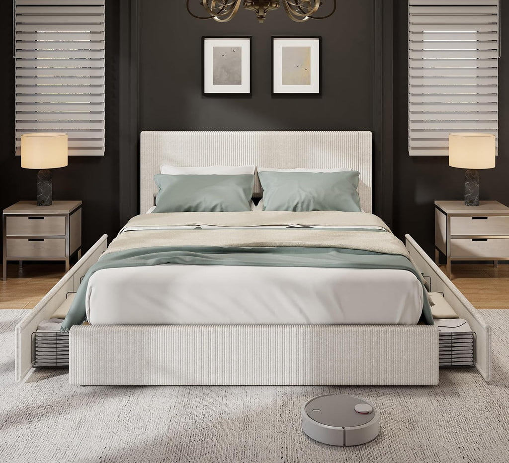 IDEALHOUSE Queen Bed Frame with Tufted Wingback Headboard, Platform Corduroy Upholstered Bed Frame with 4 Storage Drawers and Wooden Slats Support, No Box Spring Needed, Beige