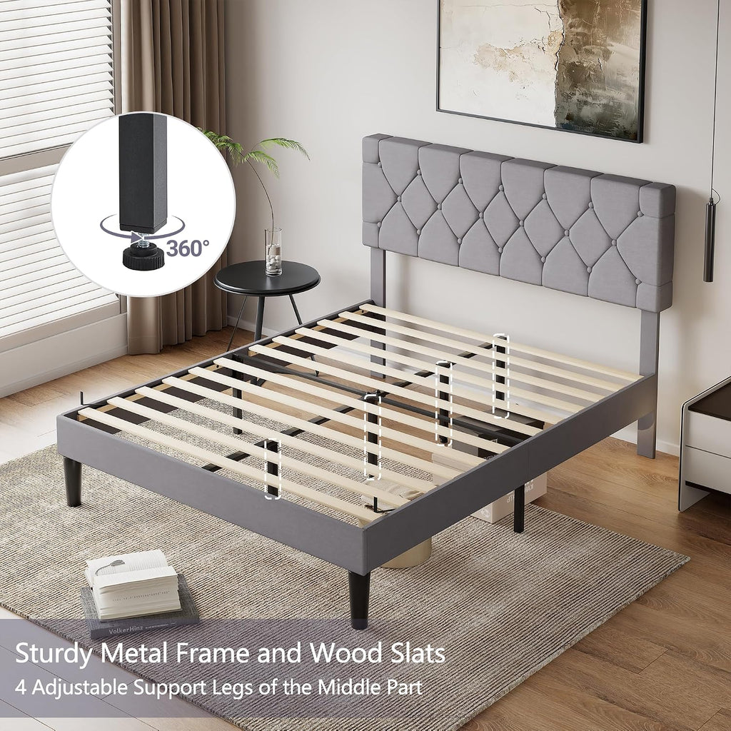 VECELO Queen Size Bed Frame with Button Tufted Headboard, Upholstered Platform Bedframe with Wood Slat Support, No Box Spring Needed, Linen Grey