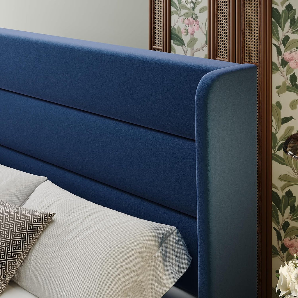 SHA CERLIN King Size Velvet Bed Frame with Wingback Headboard/Upholstered Platform Bed with Wooden Slats/Mattress Foundation/No Box Spring Needed/Easy Assembly/Blue