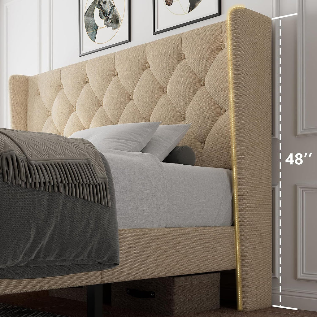 iPormis Full Size Platform Bed Frame with Button Tufted Headboard, Upholstered Bed Frame with Solid Wooden Slats, 8' Underbed Space, No Box Spring Needed, Noise Free, Easy Assembly, Beige