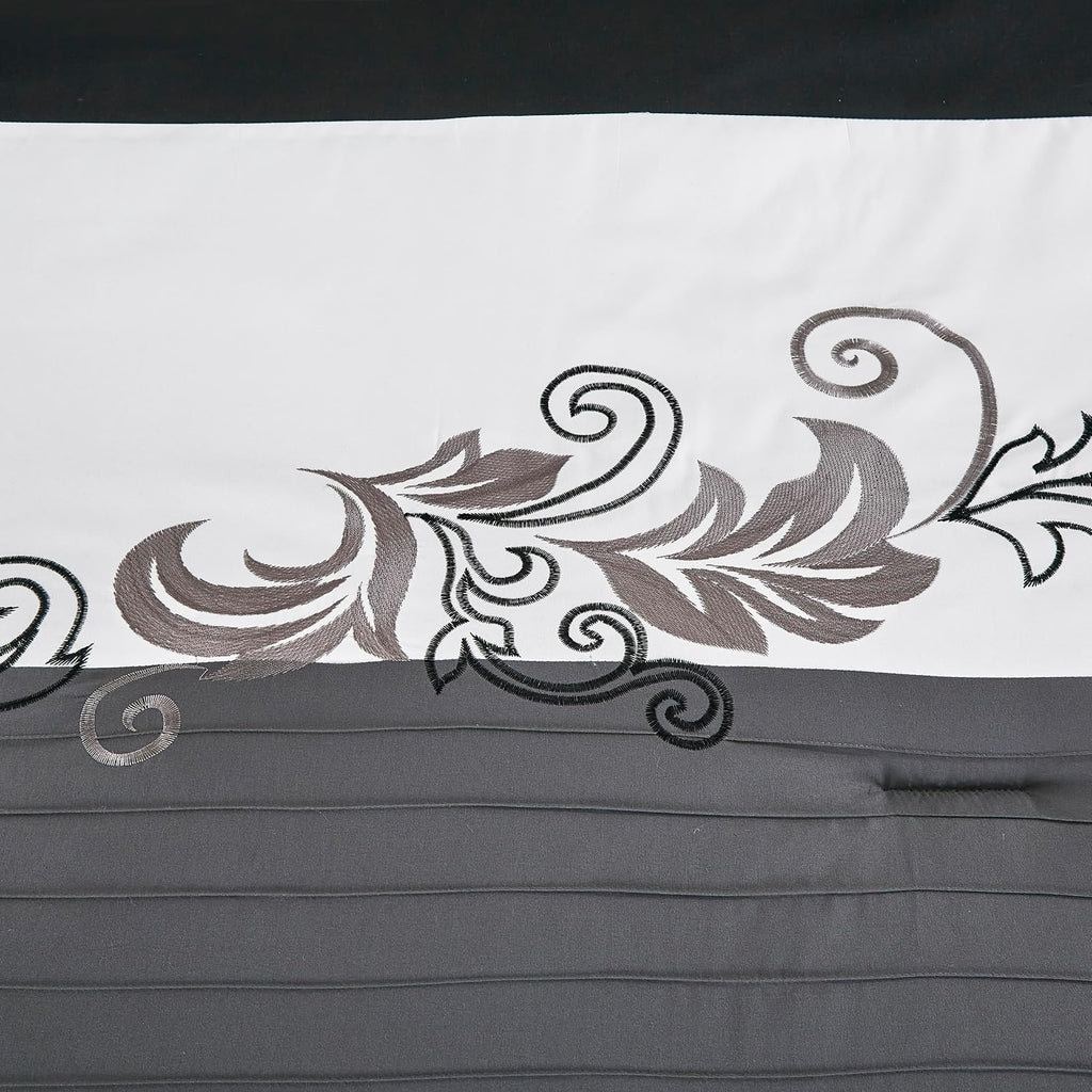 Chezmoi Collection Napa 7-Piece Luxury Leaves Scroll Embroidery Bedding Comforter Set (King, Black/Gray/White)
