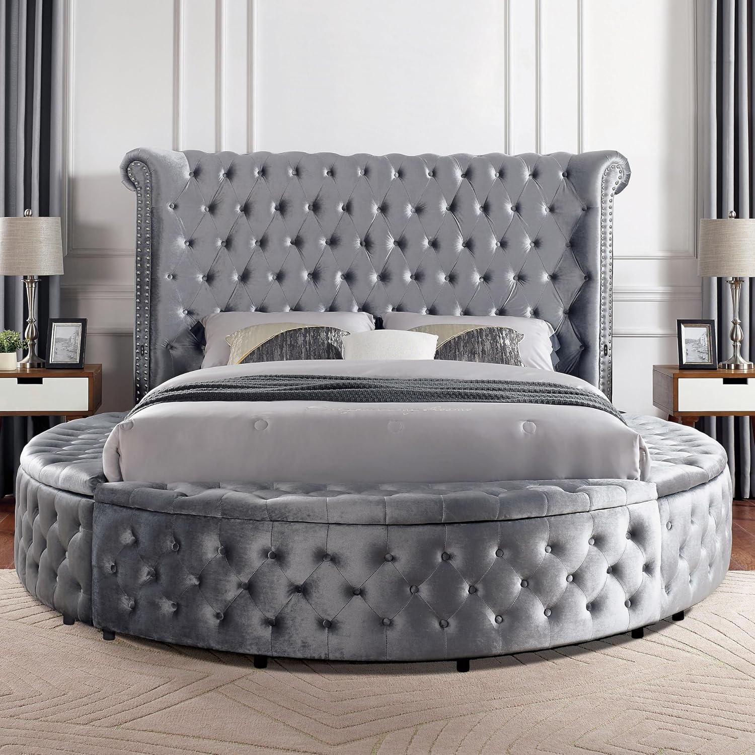 Furniture of America Rhodo Fabric Upholstered 3-Piece Bedroom Set, King Size Platform Bed and 2-Drawer Nightstands with USB Port, Button Tufted Headboard, No Box Spring Required, Gray