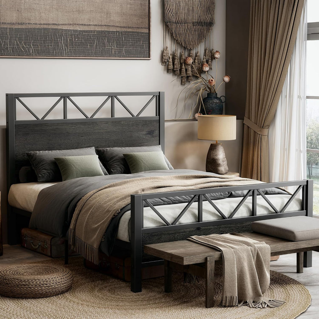 LIKIMIO Queen Bed Frame, Tall Industrial Headboard 51.2 ', Platform Bed Frame with Strong Metal Support, Solid and Stable, Noise Free, No Box Spring Needed, Easy Assembly, Charcoal Grey