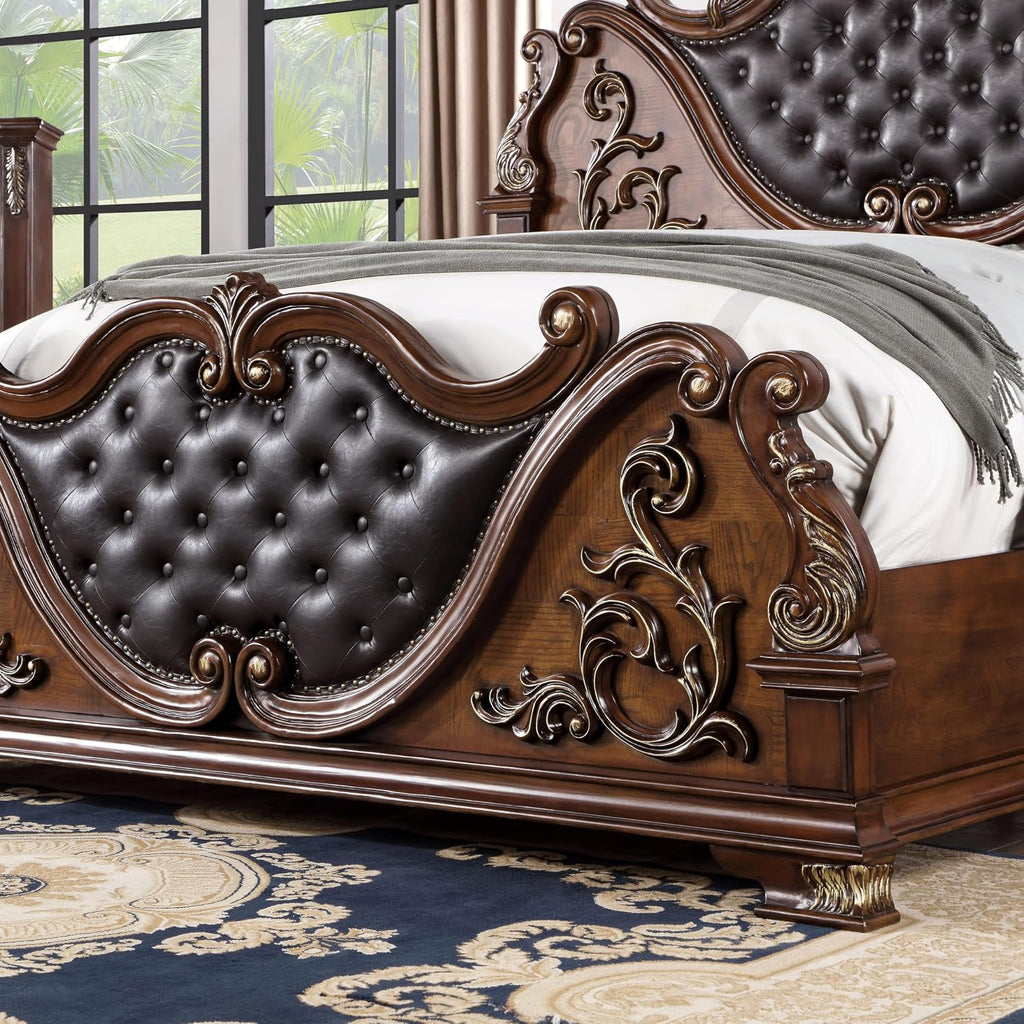 Furniture of America Clairibel Wood 3-Piece Bedroom Set, Queen-Size Bed with Button-Tufted Headboard, Marble Top Nightstand & Dovetail Drawers, Box Spring Required, Brown Cherry