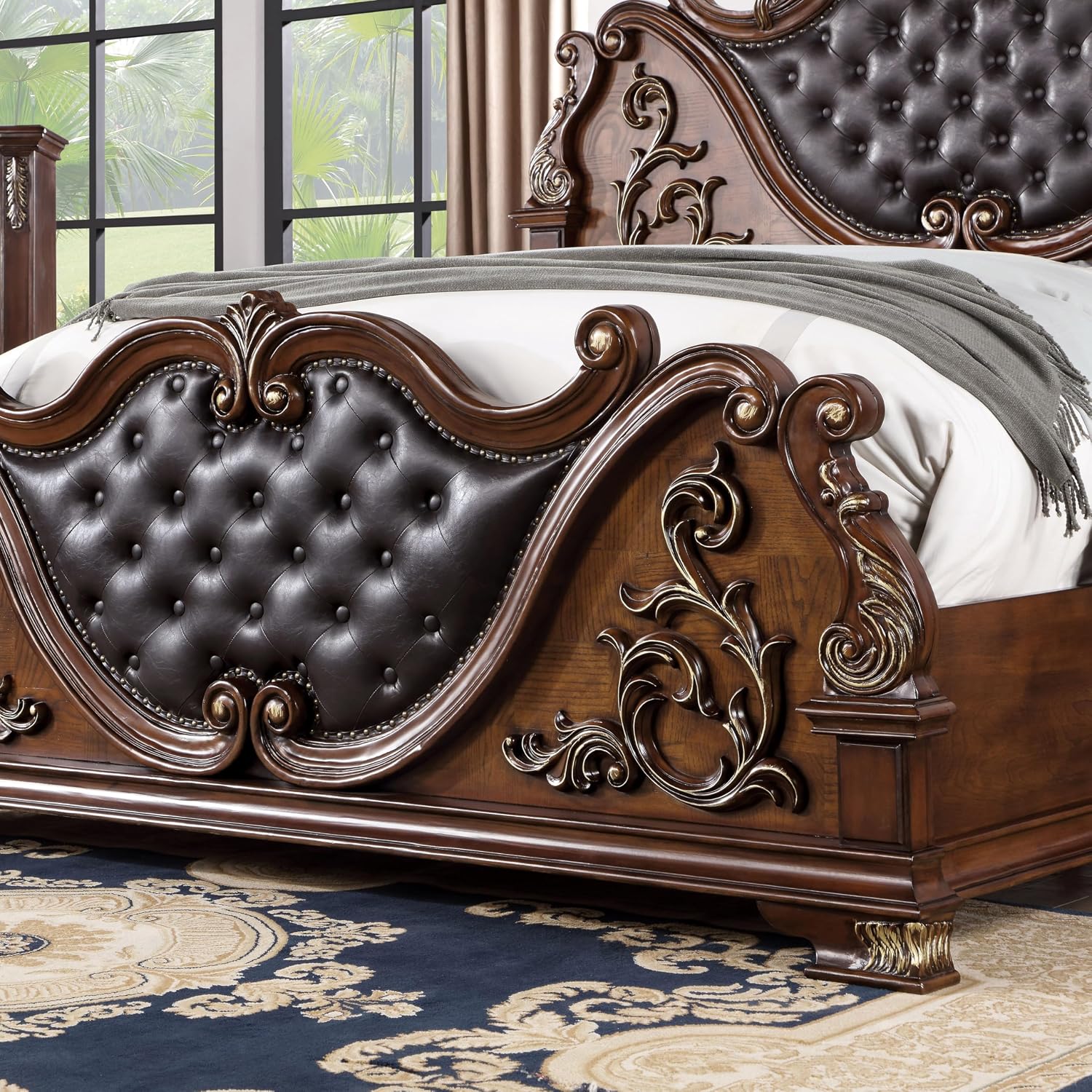 Furniture of America Clairibel Wood 3-Piece Bedroom Set, Queen-Size Bed with Button-Tufted Headboard, Marble Top Nightstand & Dovetail Drawers, Box Spring Required, Brown Cherry