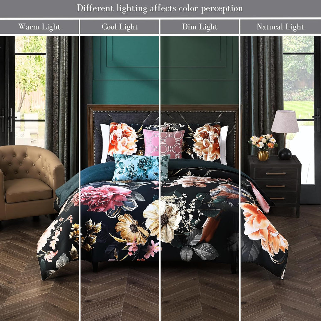 Bebejan Botanical Birds 5 Piece Comforter Set, 100% Cotton Sateen, 220 Thread Count, Black Reversible Bedding Comforter Set, 1 Comforter, 2 Shams & 2 Pillows (King/Cal King)