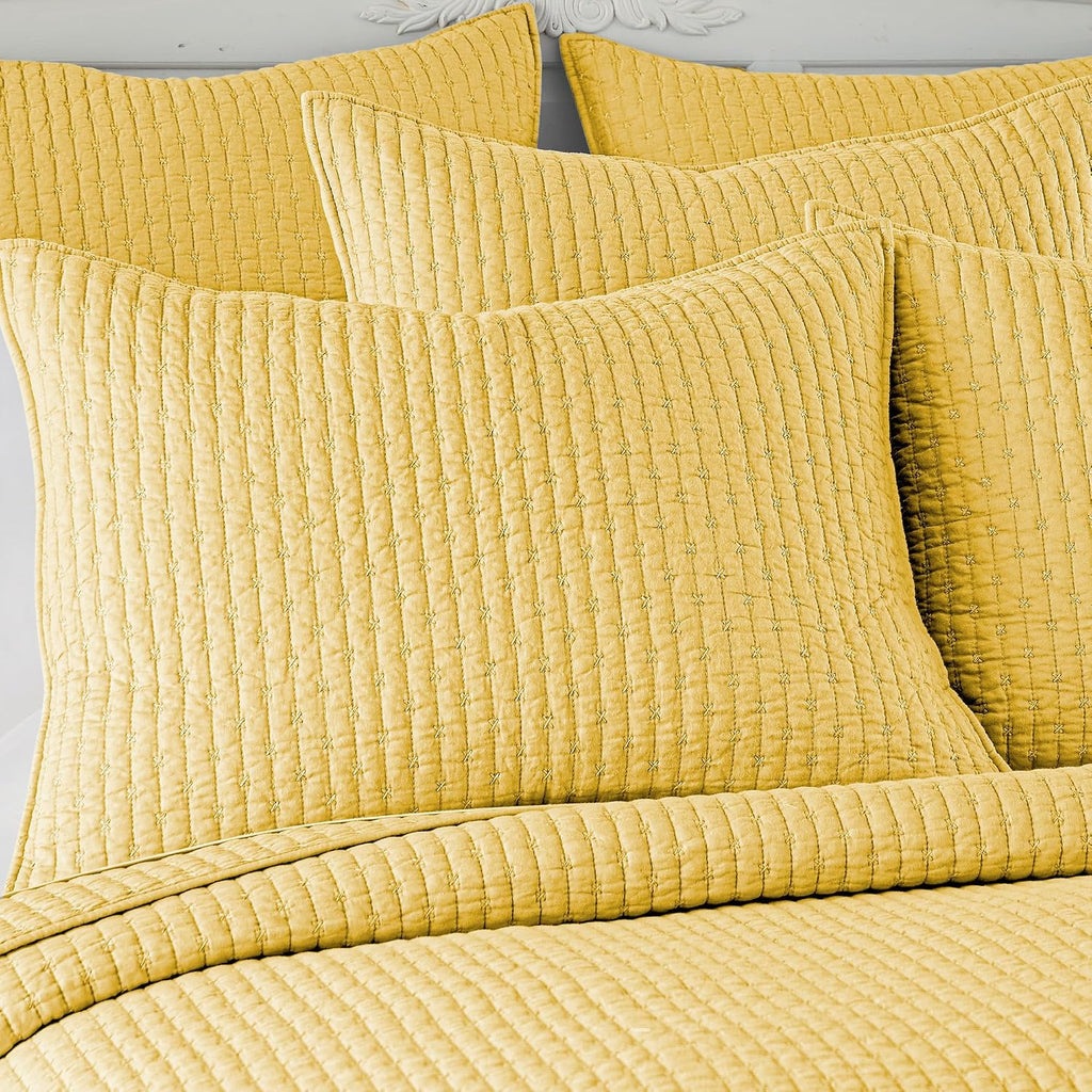 Levtex Home Cross Stitch Reversible King/Cal King Quilt Set (106x92in) and 2 Pillow Shams (36x20in) - Stitch Texture - Yellow - Cotton King Size Quilt Bedding Set - Lightweight Soft Pre-Washed