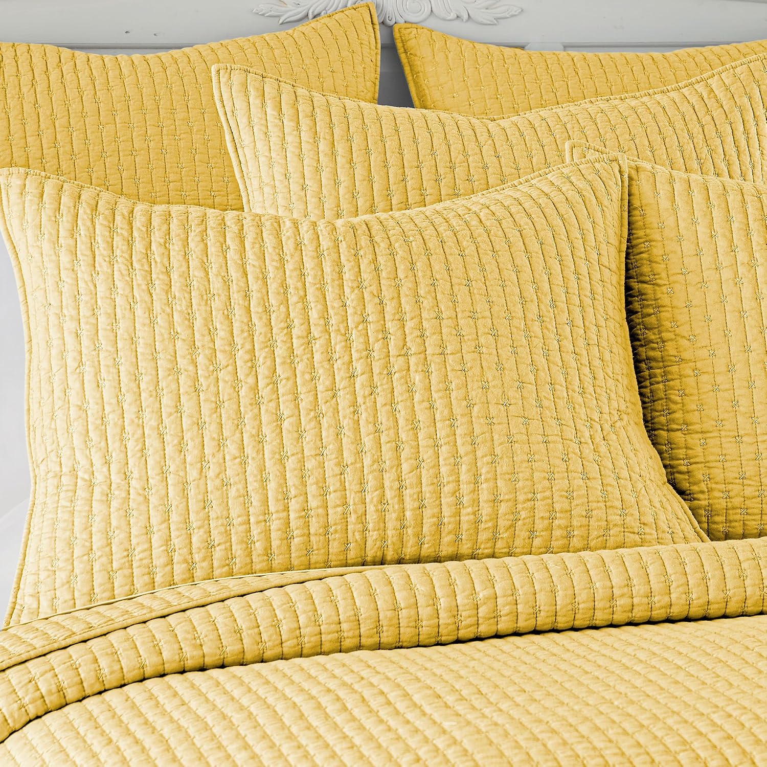 Levtex Home Cross Stitch Reversible King/Cal King Quilt Set (106x92in) and 2 Pillow Shams (36x20in) - Stitch Texture - Yellow - Cotton King Size Quilt Bedding Set - Lightweight Soft Pre-Washed