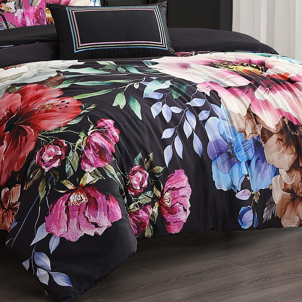 Bebejan Black Night Poppies 5 Piece Comforter Set, 100% Cotton Sateen, 220 Thread Count, Reversible Bedding Comforter Set, 1 Comforter, 2 Shams & 2 Pillows (Full/Queen)