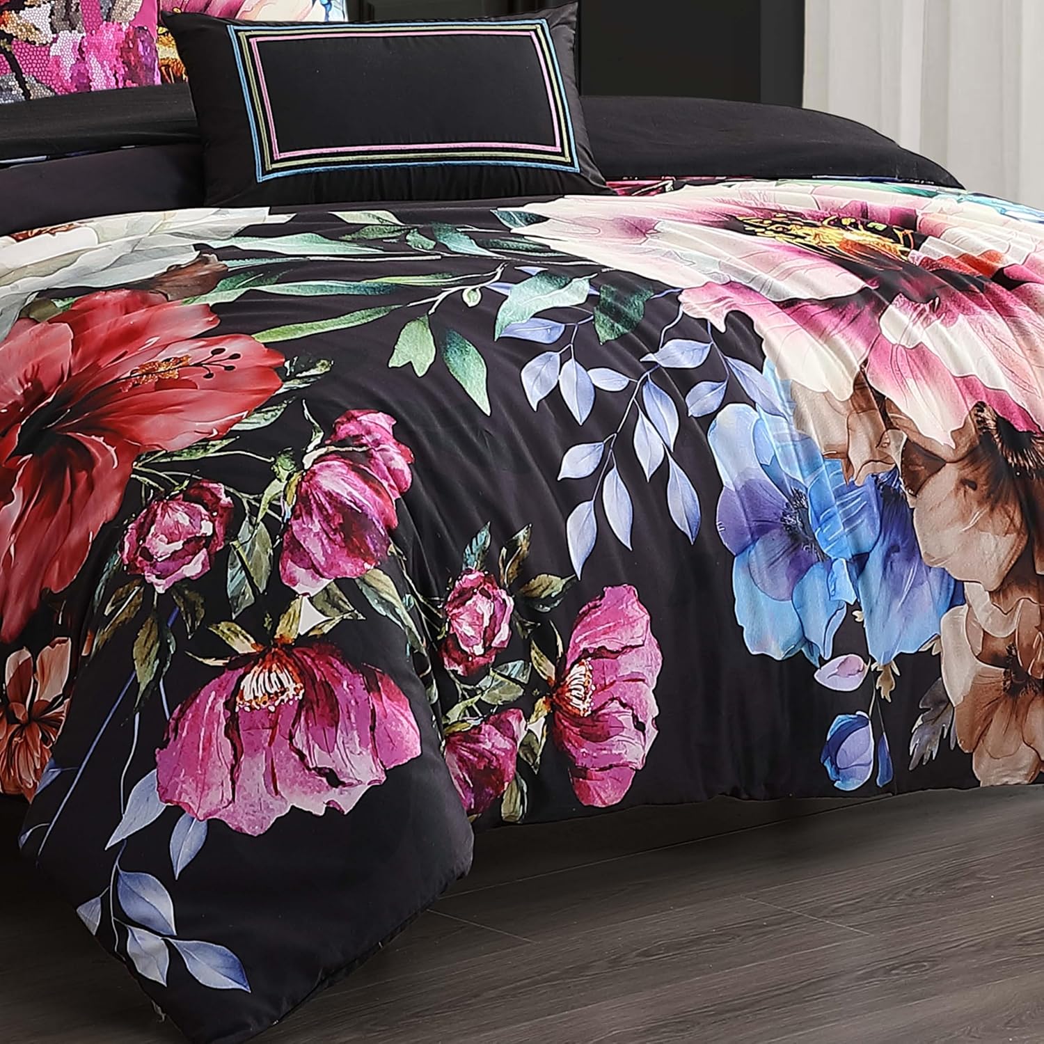 Bebejan Black Night Poppies 5 Piece Comforter Set, 100% Cotton Sateen, 220 Thread Count, Reversible Bedding Comforter Set, 1 Comforter, 2 Shams & 2 Pillows (Full/Queen)