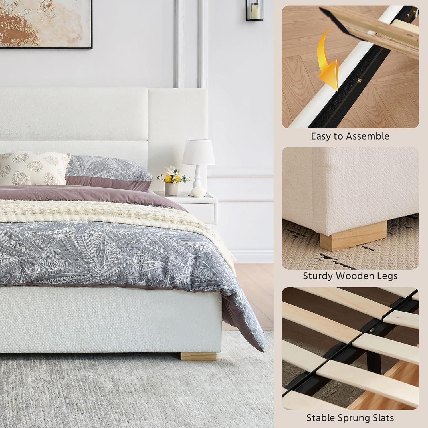 Queen Size Upholstered Platform Bed Frame with 2 Side Storage Drawers & Built-in Nightstands, Linen Headboard, Sturdy Metal Frame, Noise-Free, No Box Spring Needed, White