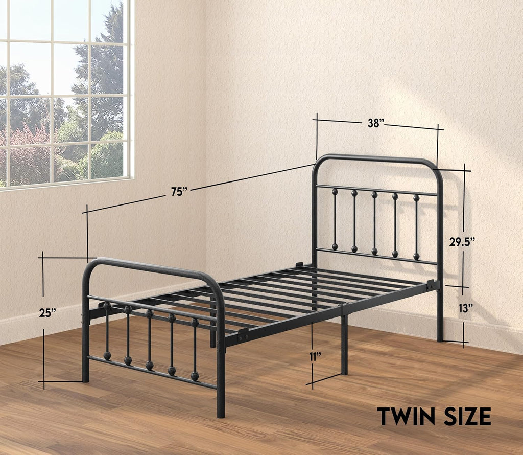 Golden Gate Beds Vintage Wrought Iron Bed Frame with Classic Metal Platform Base, Headboard and Footboard, No Box Spring Needed, Easy Assembly, Mattress Base, Noise-Free, Sleek Black Finish, Twin Size