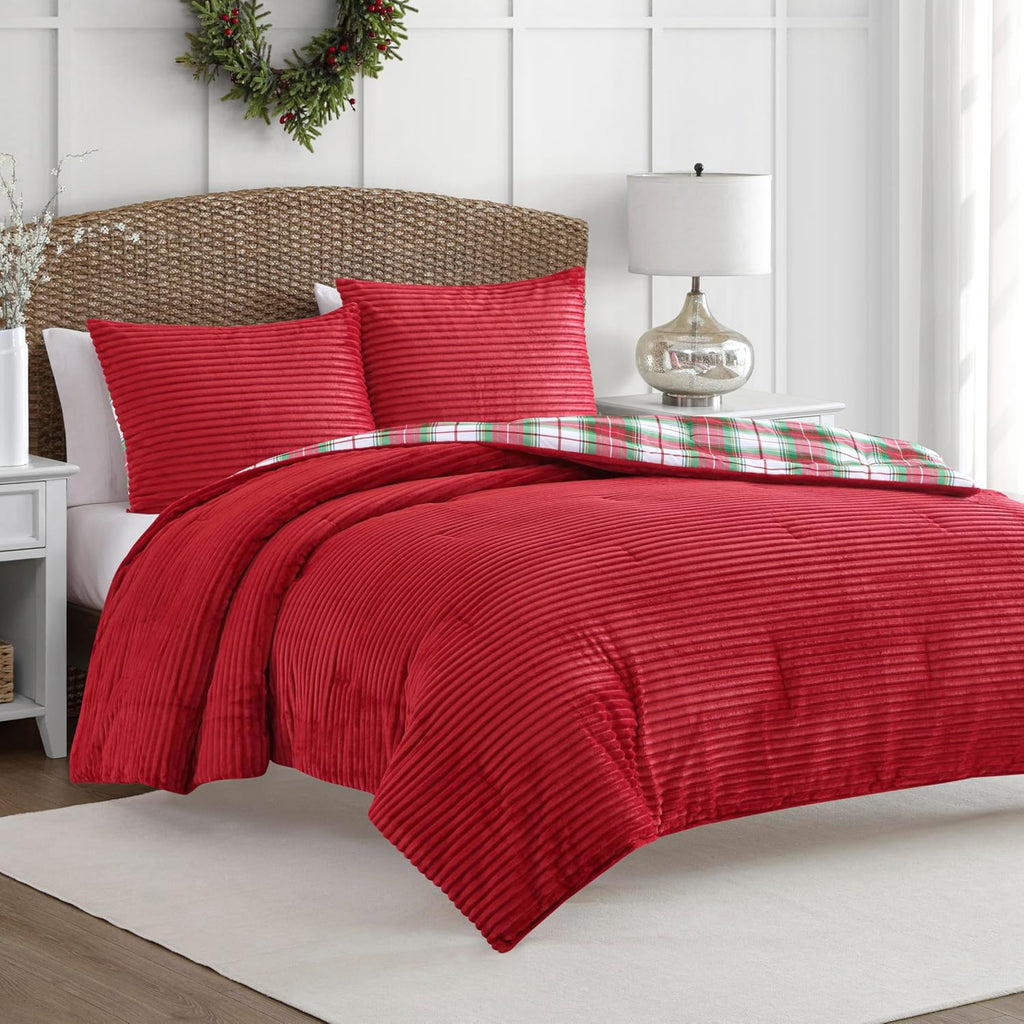 Martha Stewart - King Comforter Set in Red, Reversible, Cute, Wide Corduroy Plaid Bedding Set - 3 Pieces - All Seasons, Lightweight, Fluffy with 1 Comforter, 2 Pillow Shams,