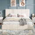 SHA CERLIN King Size Bed Frame, Dutch Velvet Upholstered Platform Bed, Vertical Channel Tufted Adjustable Headboard, Low Profile Bed Frame, No Box Spring Needed, Easy Assembly, Cream