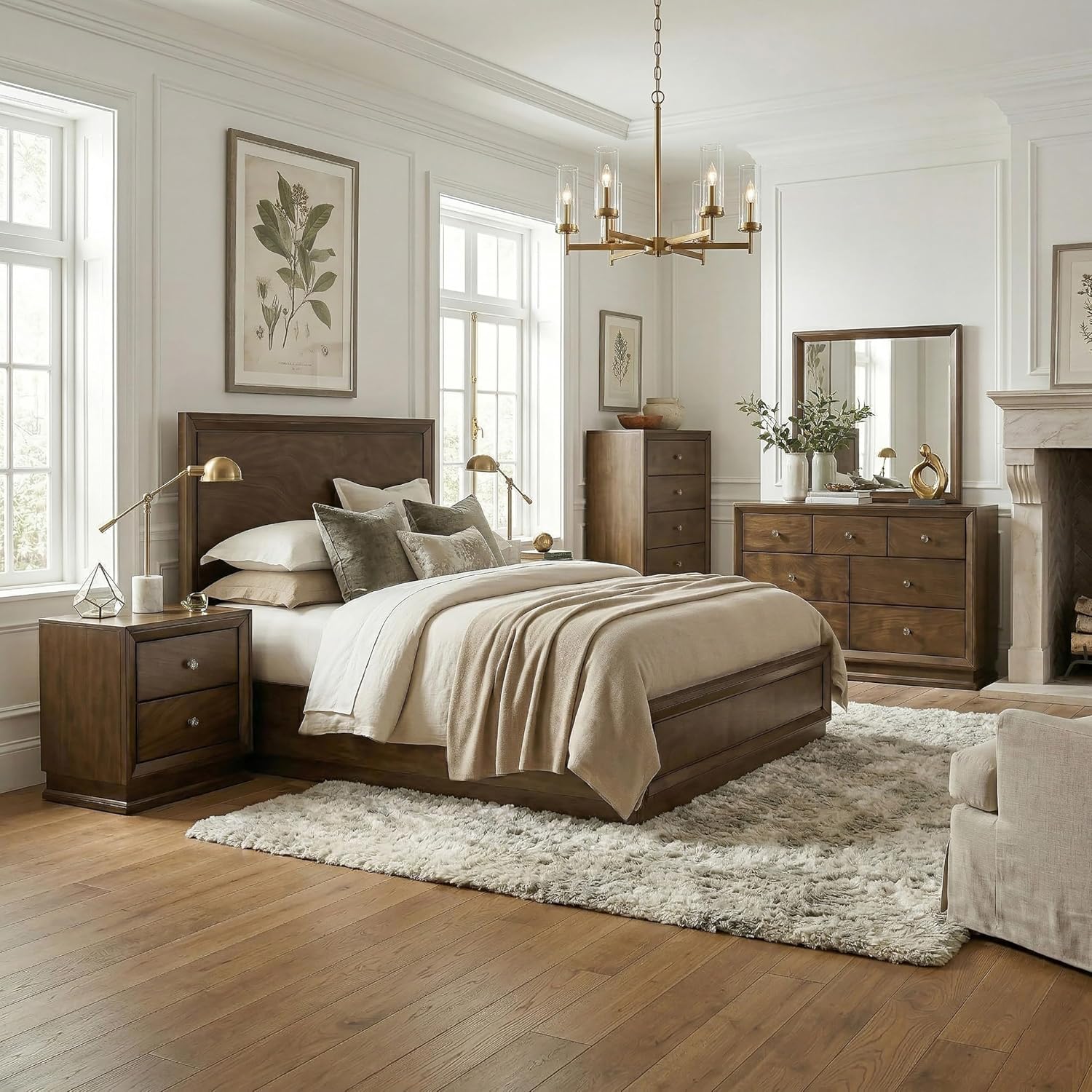 Furniture of America Extan Modern Solid Wood 6-Piece Bedroom Set with Beveled Corner, Metal Center Glide, Zinc Iron Bronze Knobs, Box Spring Needed, Twin, Walnut