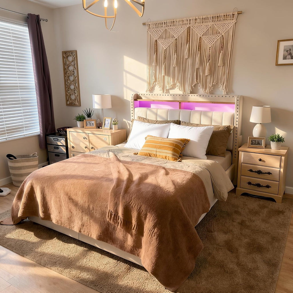 EnHomee Twin Size Bed Frame with One Large Storage Headboard & Charging Station, LED Platform Bed Frame with Storage Drawers, Sturdy Wooden Slats Support, Noise-Free, No Box Spring Needed, Beige