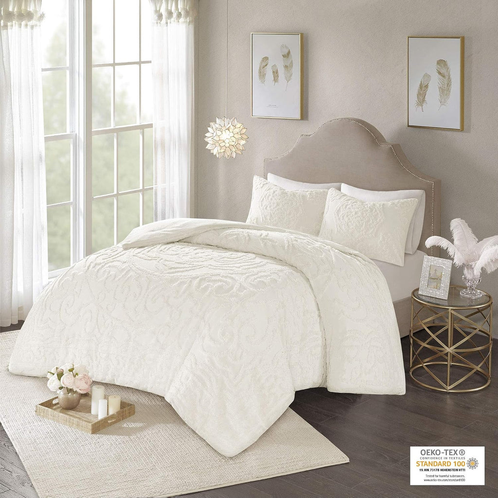 Madison Park Laetitia Comforter Bohemian Tufted Cotton Chenille, Medallion Shabby Chic All Season Down Alternative Bed Set with Matching Shams, Floral Off White King/Cal King(104'x92') 3 Piece