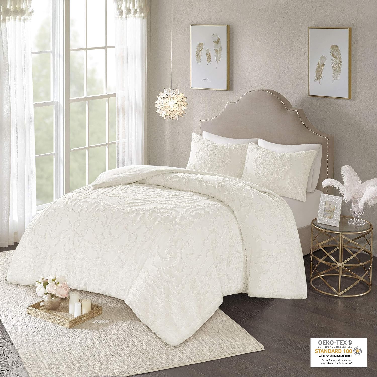 Madison Park Laetitia Comforter Bohemian Tufted Cotton Chenille, Medallion Shabby Chic All Season Down Alternative Bed Set with Matching Shams, Floral Off White King/Cal King(104'x92') 3 Piece