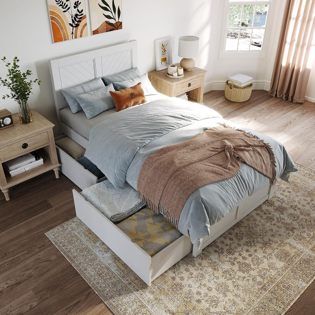 AFI, Canyon Twin Solid Wood Storage Platform Bed with Footboard & Set of 2 Storage Drawers, White