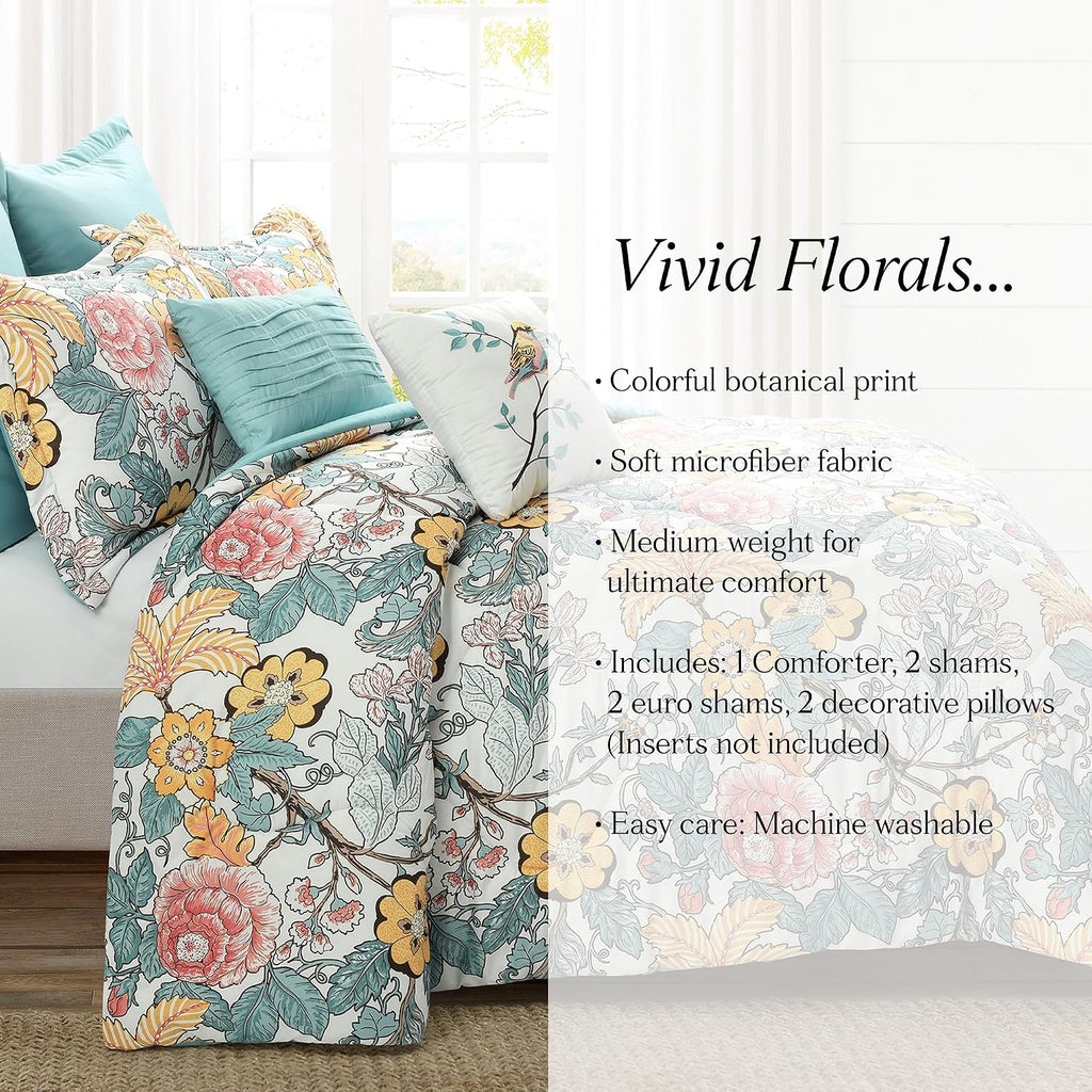 Lush Decor Sydney Comforter Set, 7 Piece, Full/Queen, Blue & Yellow - Fully Styled Bedding Queen Size Comforter Set - Colorful Floral Print - Cottage Core Decor - Coquette Bedding