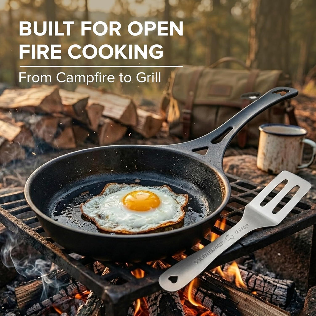SOLIDTEKNICS 8' Outdoor Skillet Set – Naturally Seasoned Australian Iron Skillet with Lil Flippa Stainless Flipper & Mini Pan Scraper Lightweight Camping Cookware for Grill & Campfire Cooking