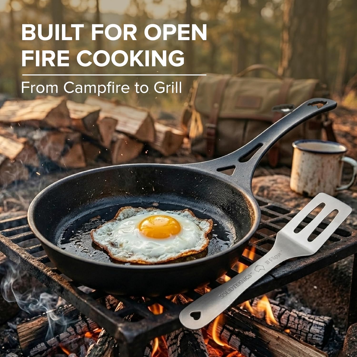 SOLIDTEKNICS 8' Outdoor Skillet Set – Naturally Seasoned Australian Iron Skillet with Lil Flippa Stainless Flipper & Mini Pan Scraper Lightweight Camping Cookware for Grill & Campfire Cooking