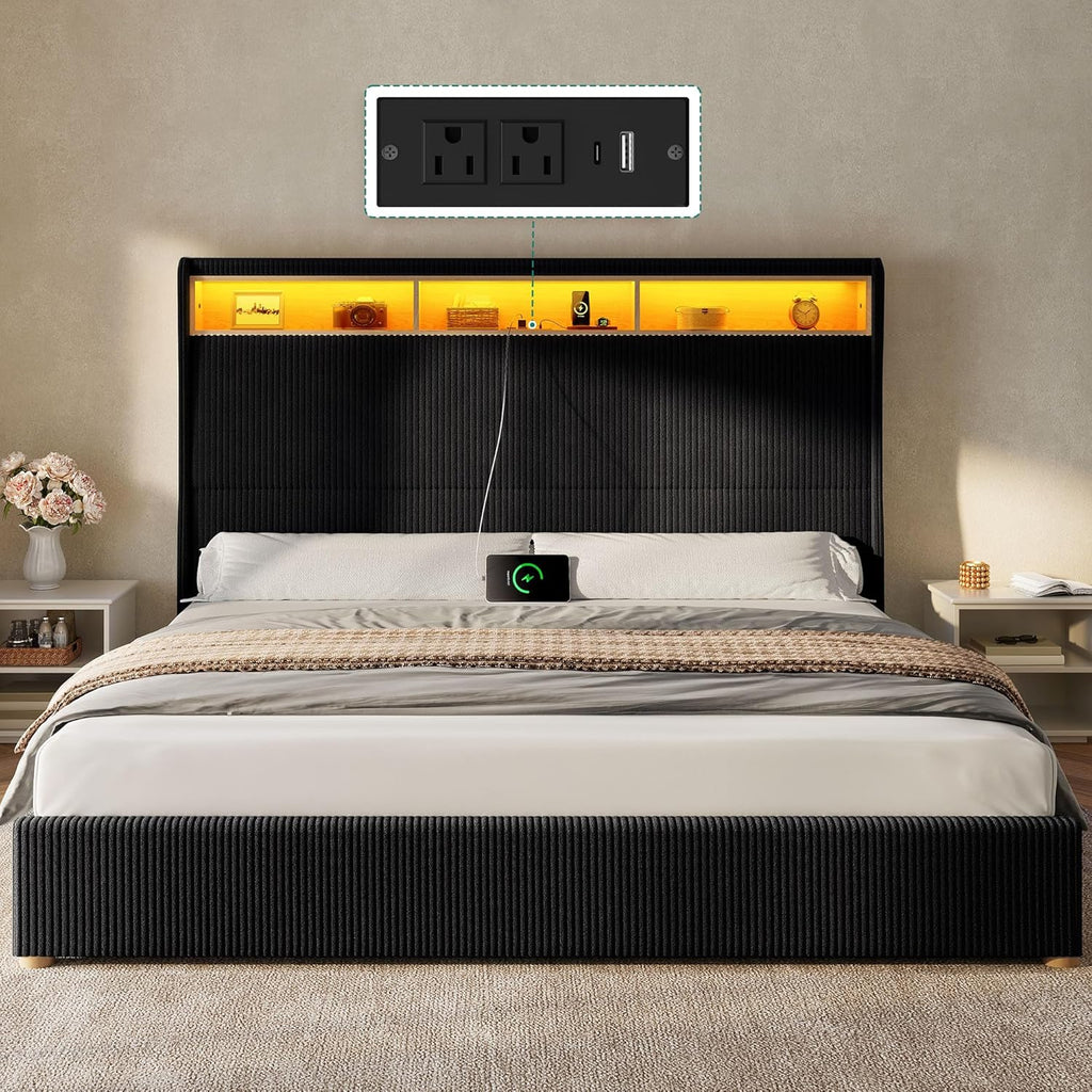 DWVO King Size Corduroy Upholstered Platform Bed Frame with Charging Station and RGB LED Lights, 53'' Tall Storage Wingback Headboard, No Box Spring Needed, Easy Assembly, Noise-Free, Black