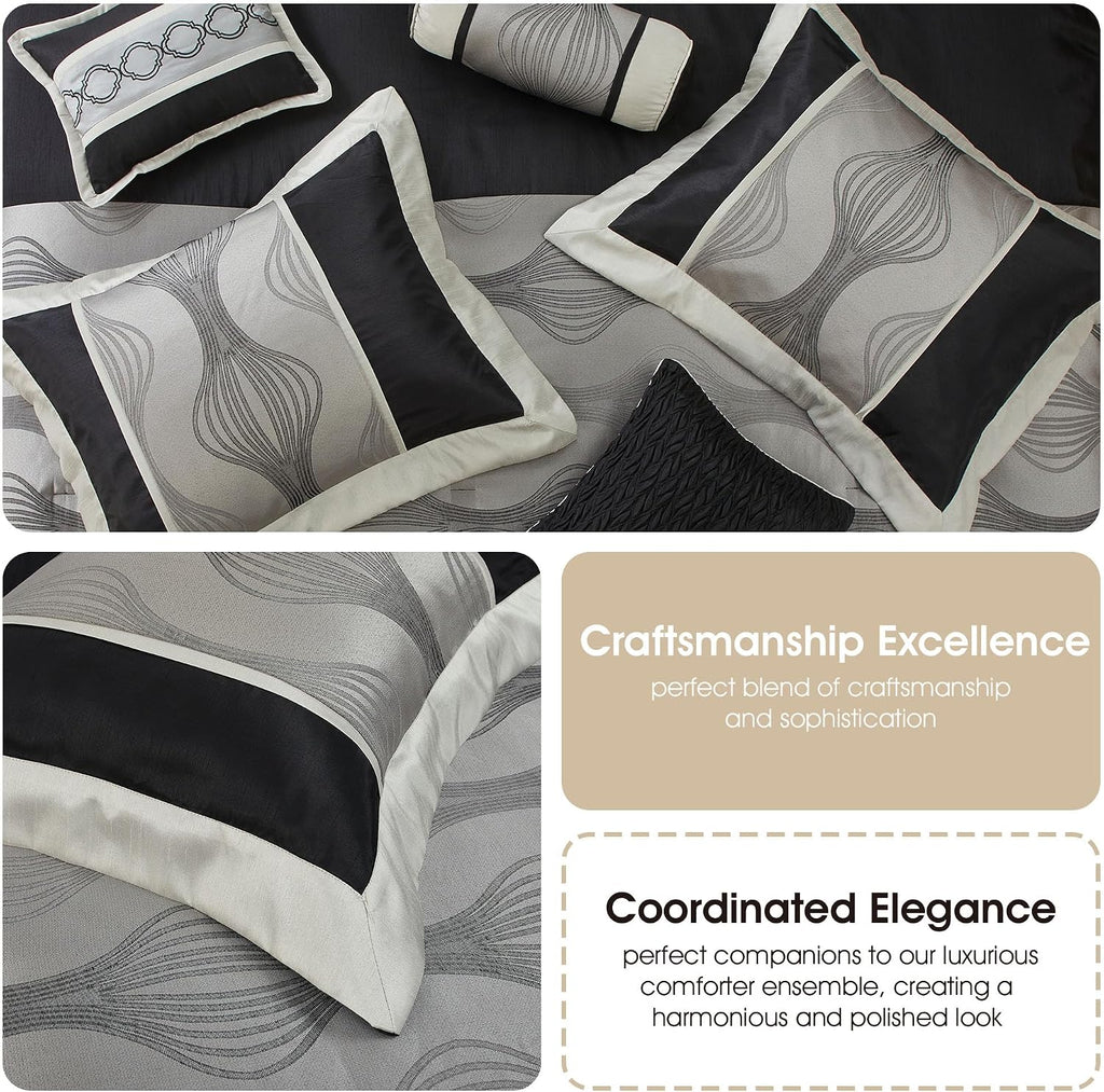 Grand Avenue Black and Silver Comforter Set King Size, 7 Pieces Bedding & Collection, Jacquard All Season Comforter & Pillows, Ultra-Soft Microfiber