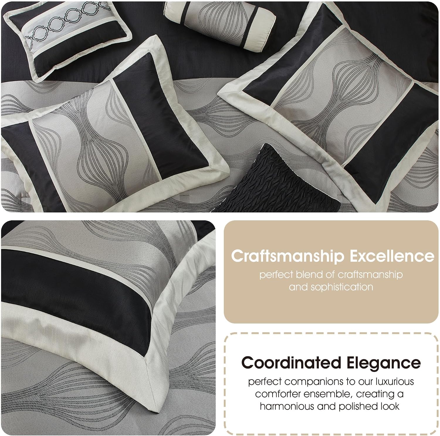 Grand Avenue Black and Silver Comforter Set King Size, 7 Pieces Bedding & Collection, Jacquard All Season Comforter & Pillows, Ultra-Soft Microfiber