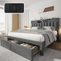 CypBed Full Size Upholstered Platform Bed Frame with 2-Tier Storage Headboard, USB & Type-C Charging Ports, 2 Storage Drawers, Solid Wood Slats, No Box Spring Needed, No-Noise, Dark Grey