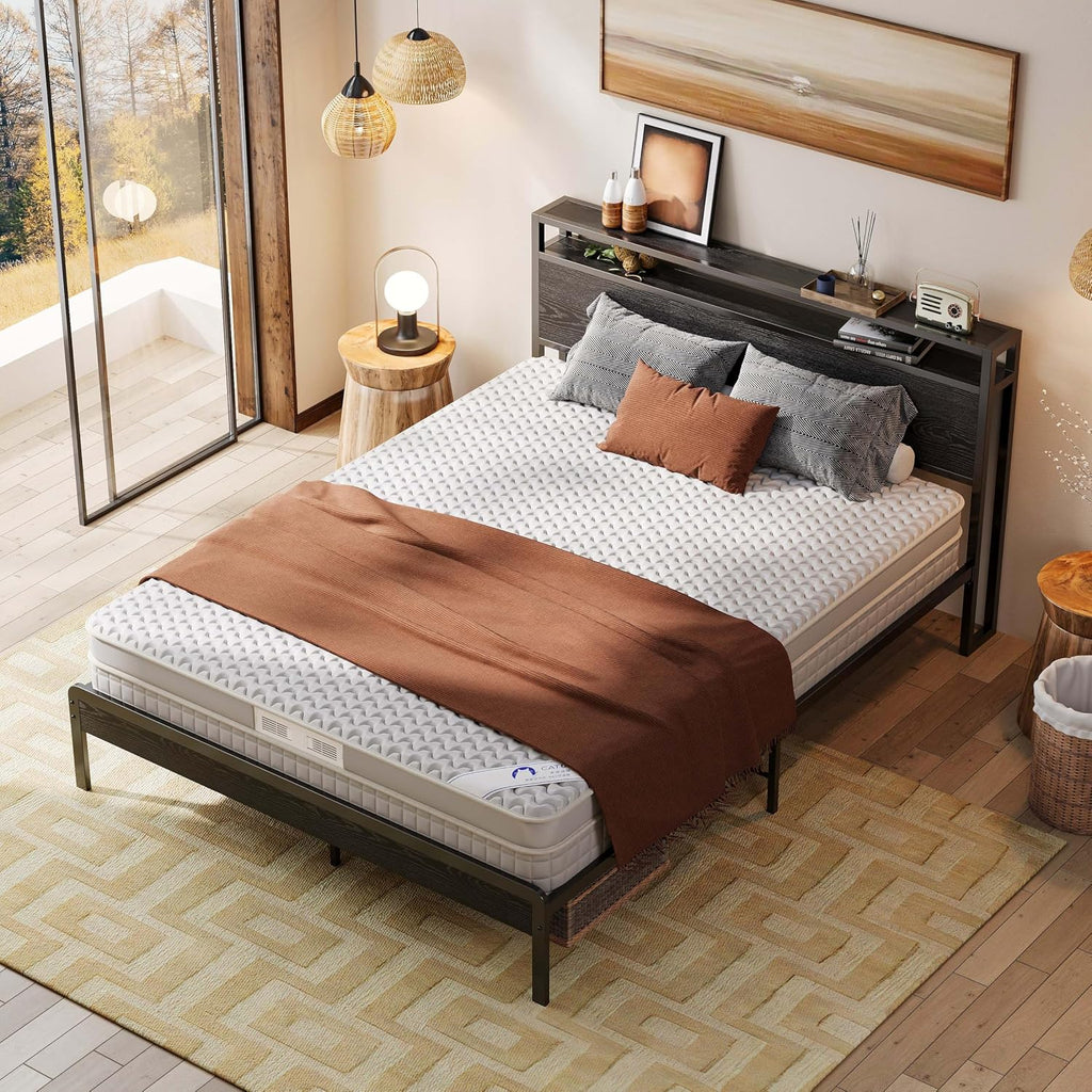 LIKIMIO Queen Bed Frame with Headboard, Dark Wood Camas Queen with Strong Supports, Sturdy, Noise-Free, No Box Spring Needed, Black