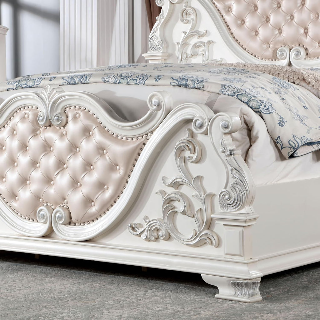 Furniture of America Clairibel Traditional Wood Eastern King-Size Bed with Button-Tufted Headboard and Carved Details, Box Spring Required for Bedroom, Guess Room, Pear White