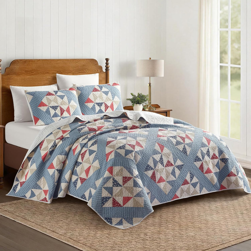 Modern Heirloom Americana Heartland Quilt Set, King, Red White Blue | Pieced Sashing with Printed Star & Pinwheel Blocks| Cotton Face and Fill| 3-Piece