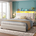 EnHomee Full Size Bed Frame with Charging Station and LED Lights, Full Bed Frame with 2-Tier Storage, Upholstered Platform Bed Frame, Sturdy Metal Slats, No Box Spring Need, Beige