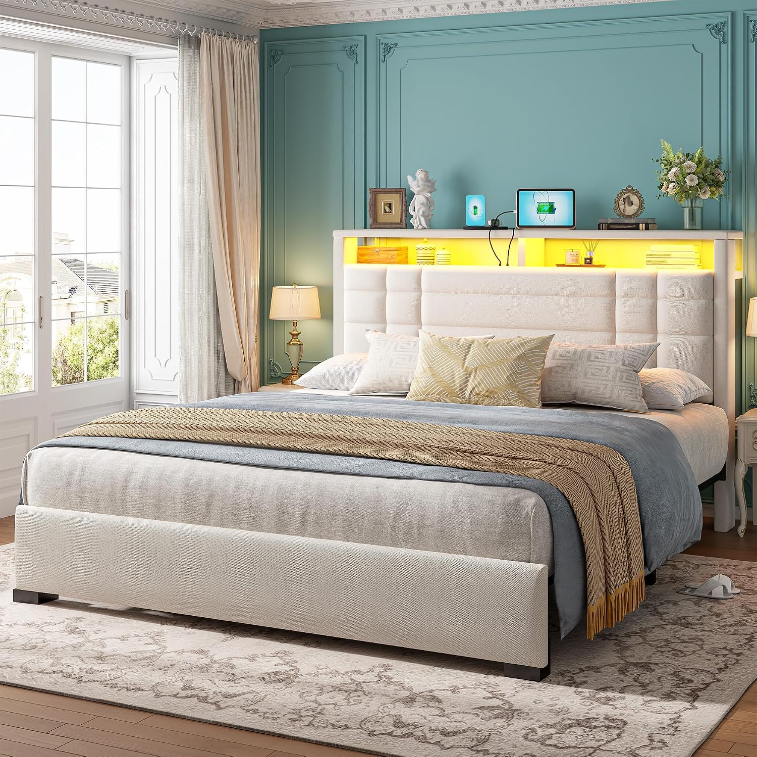 EnHomee Queen Bed Frame with Headboard Upholstered Platform Bed Frame Queen with LED Lights & Charge Station,Wood Slats Support,No Box Spring Needed,Beige