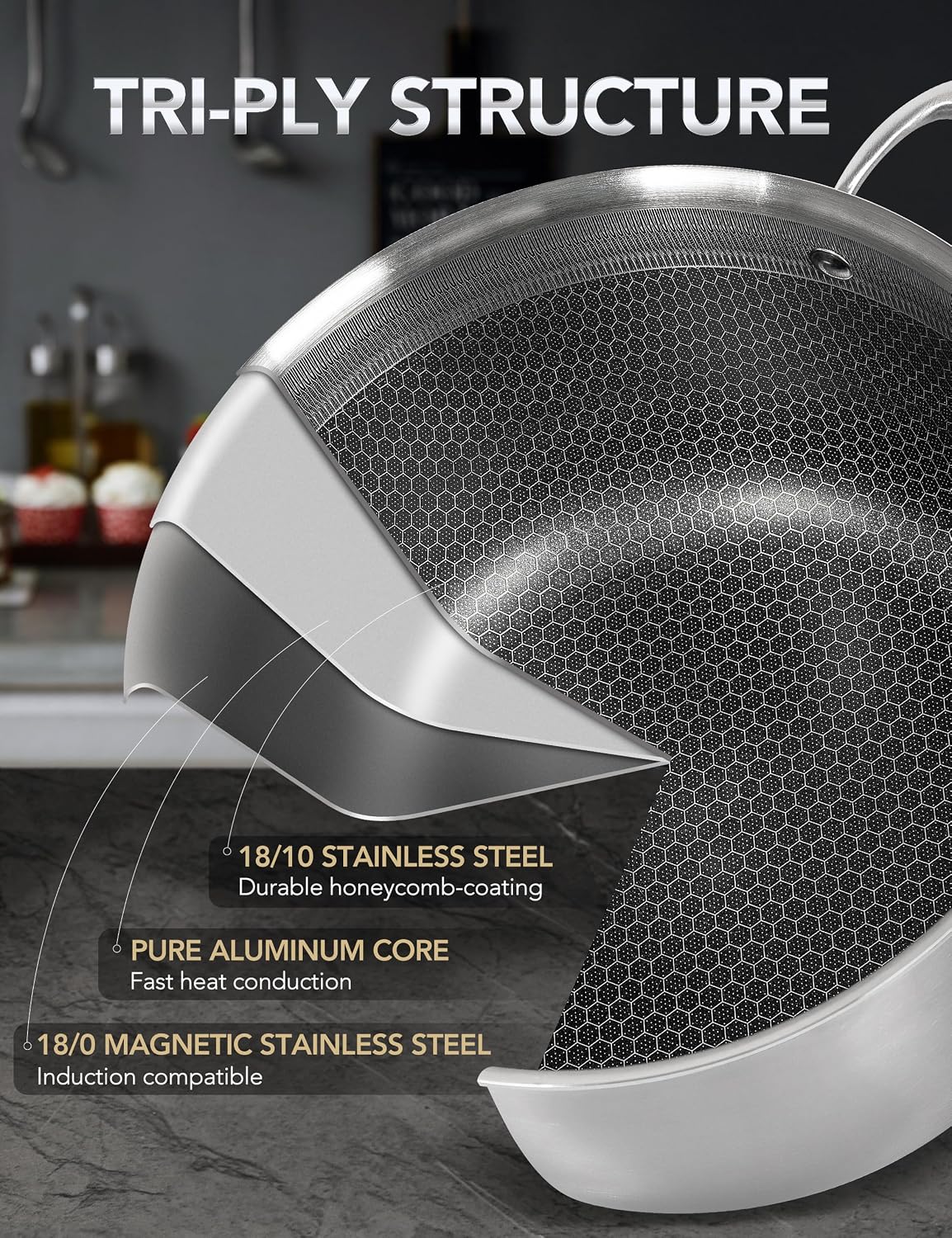 MICHELANGELO 6 Pcs Tri-ply Stainless Steel Pot Set, 2QT & 3QT & 8QT Pot with Lids, Nonstick HoneyComb Interior Cooking Pot Set, Compatible with All Cooktops, Oven & Dishwasher Safe