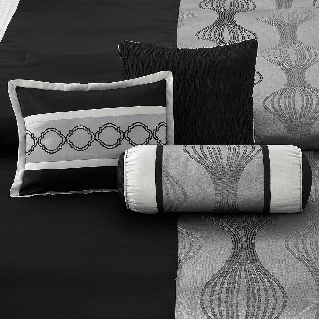 LANCO MODERN LIFESTYLE King Comforter Set, Black Silver, 7 Pieces Bed in a Bag, Ultra Soft Jacquard with Solid Piecework, Luxury Bed Set with Comforters, Bed Skirt, Pillow Shams and Decorative Pillows