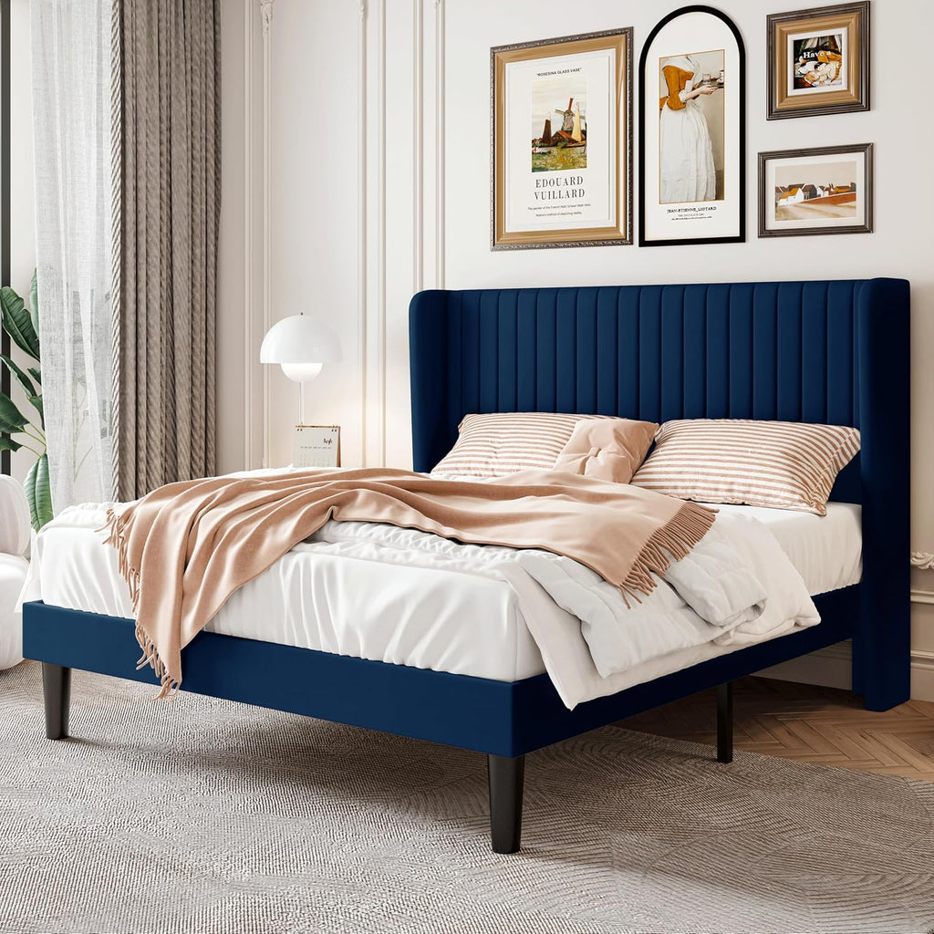 SHA CERLIN Queen Size Velvet Bed Frame with Vertical Channel Tufted Wingback Headboard, Upholstered Platform Bed with Wood Slats, No Box Spring Needed, Easy Assembly, Blue