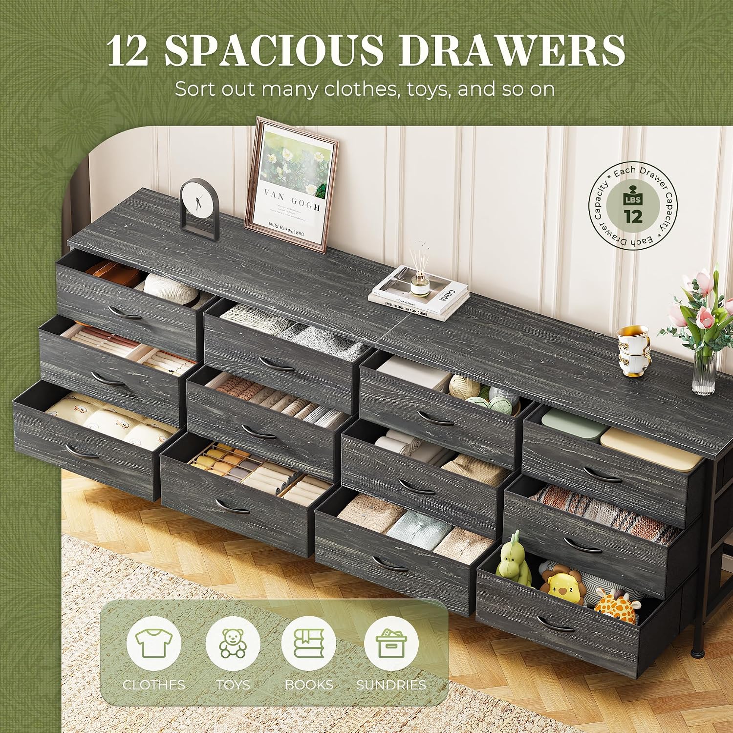Huuger 70 Inch Dresser for Bedroom, TV Stand for 65, 75, 80 Inch TV,12 Fabric Drawer Long Dresser, Large Storage Organizer Unit, Chest of Drawer for Bedroom, Charcoal Black Wood Grain Print