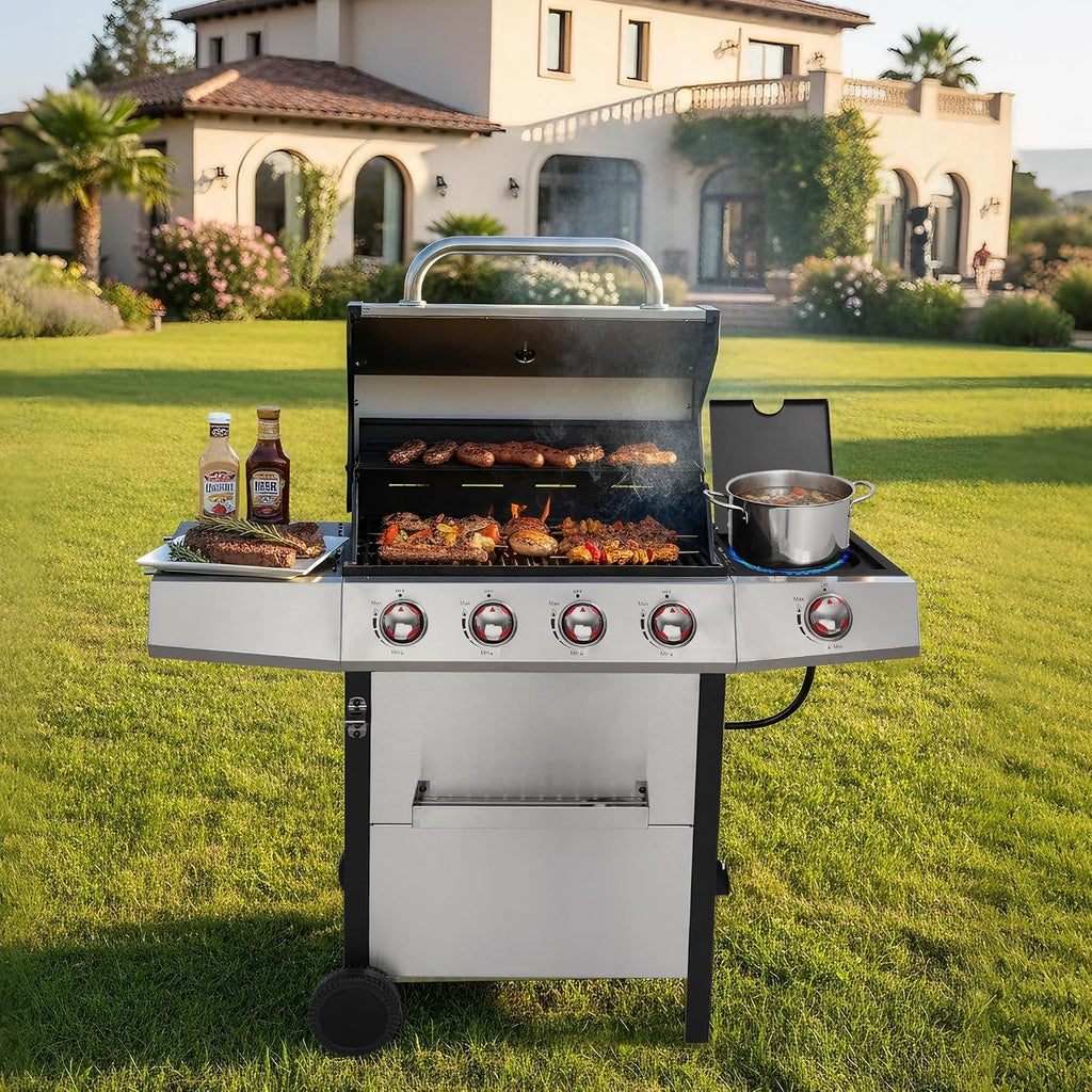 4-in-1 Propane & Charcoal Grill Combo, 4-Burner Gas Griddle with Side Burner, Cast Iron Grates, Outdoor BBQ for Patio & Backyard