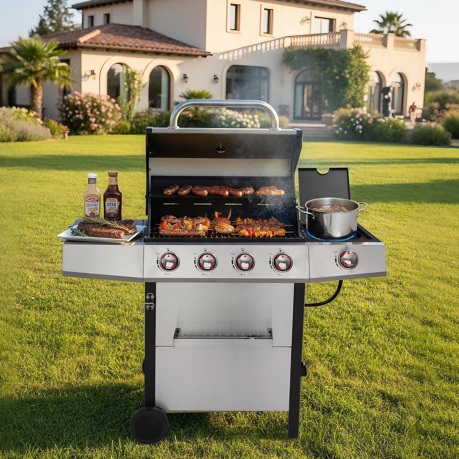 4-in-1 Propane & Charcoal Grill Combo, 4-Burner Gas Griddle with Side Burner, Cast Iron Grates, Outdoor BBQ for Patio & Backyard
