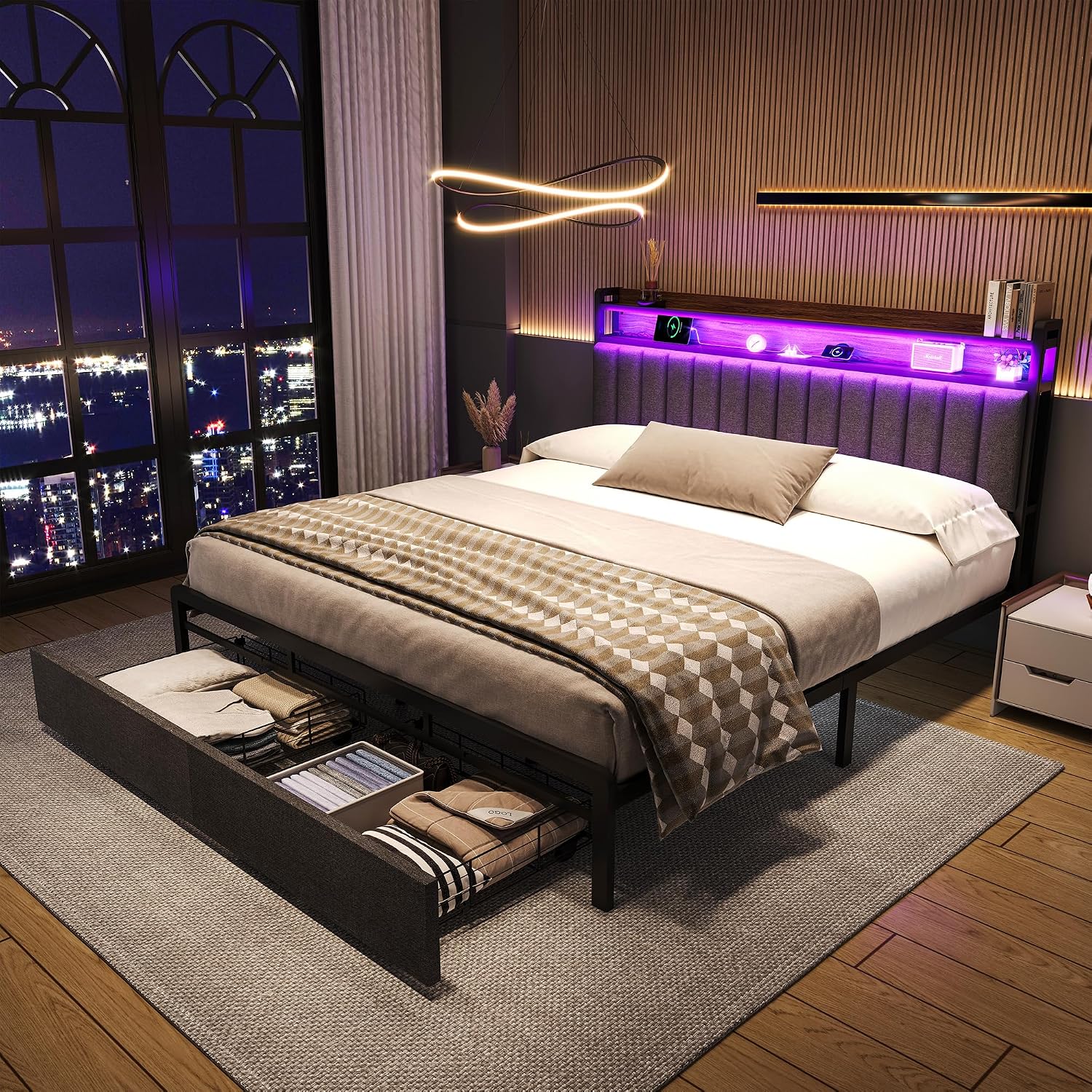 Ailisite Upholstered Full Size Bed Frames with 2 Tier Storage Headboard, LED Bed Frame with 2 Storage Drawers, Grey Platform Bed Frame with Charging Station & Typ-C Charging Port, No Box Spring Needed