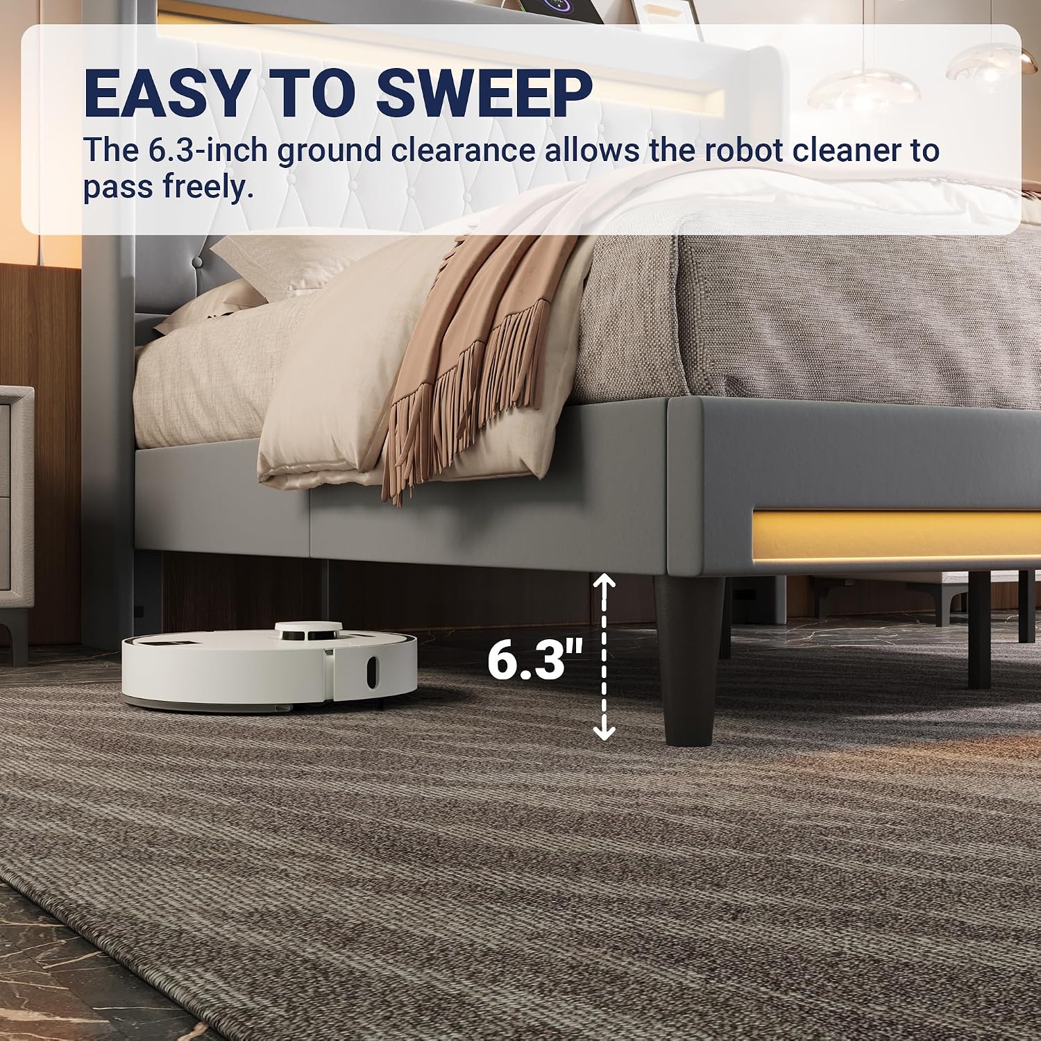 Allewie Upholstered Full Size Platform Bed Frame with LED Light and Charging Station, Button Tufted High Headboard, Wingback Design, Noise Free, Easy Assembly, No Box Spring Needed, Grey