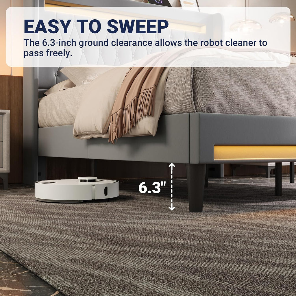 Allewie Upholstered King Size Platform Bed Frame with LED Light and Charging Station, Button Tufted High Headboard, Wingback Design, Noise Free, Easy Assembly, No Box Spring Needed, Grey